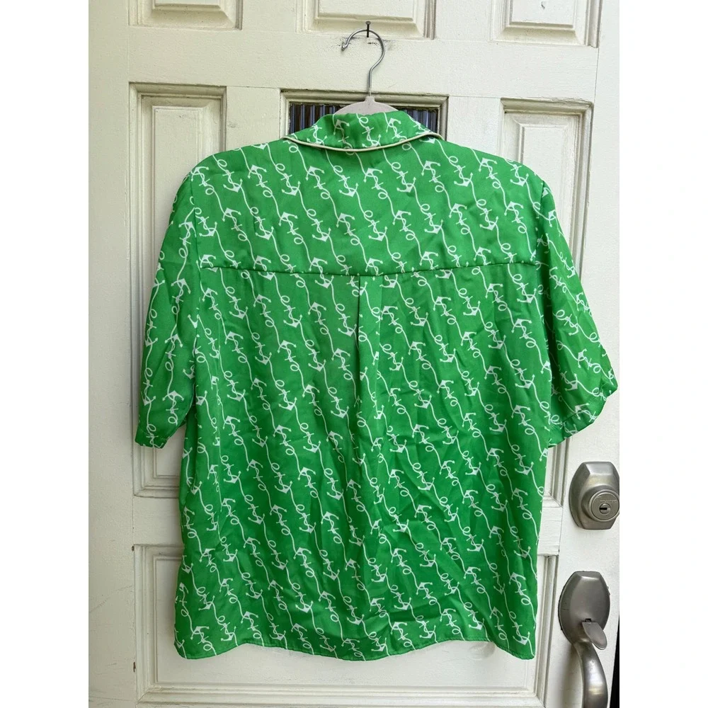 Sandro Paris Green Anchor Print Short Sleeve Pajama Button Up Shirt Size Medium - Picture 4 of 5